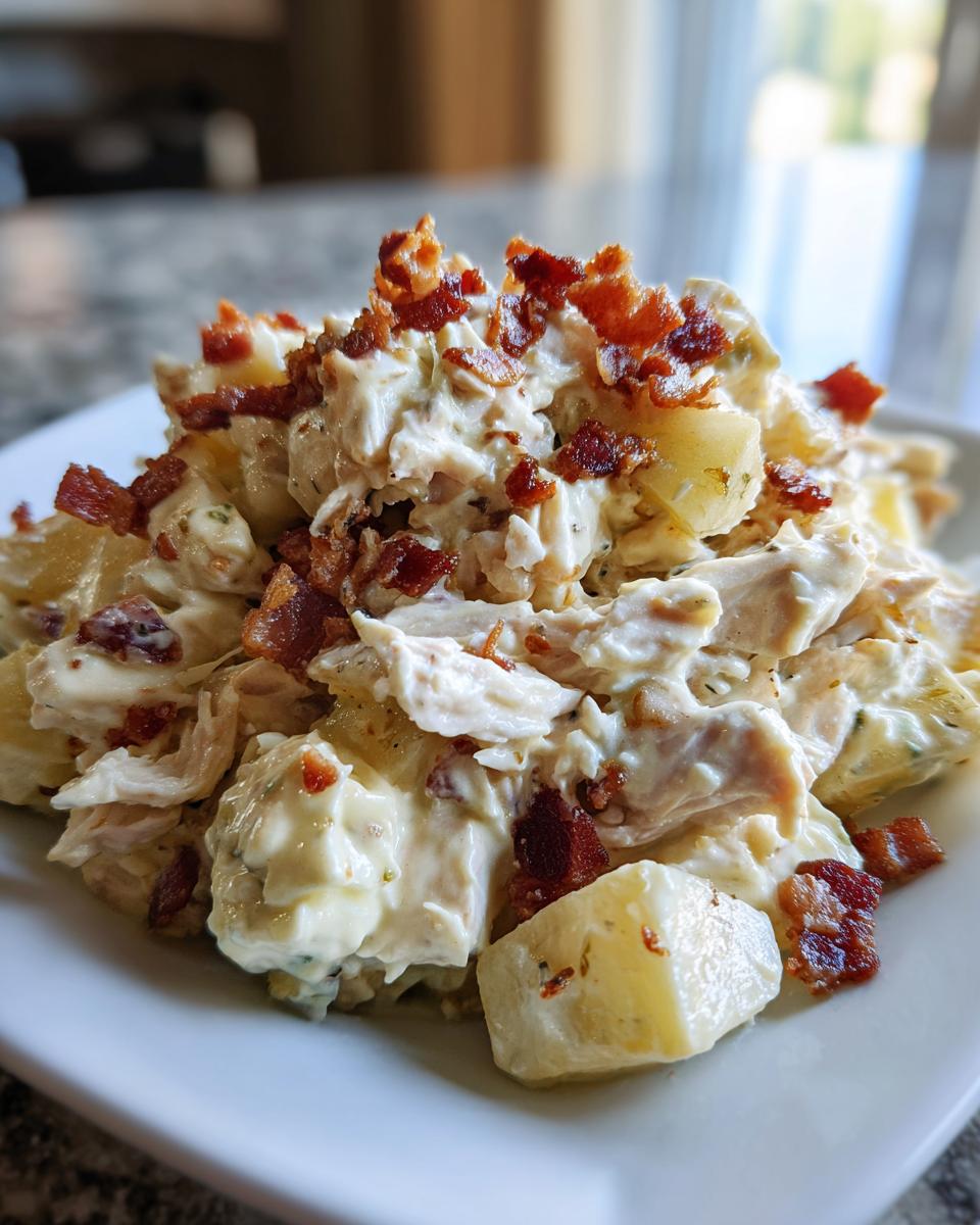 Close-up of creamy honey mustard chicken salad mixed with potatoes and topped generously with crispy bacon bits.