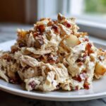 Close-up of creamy honey mustard chicken salad piled high with shredded chicken, bacon bits, and apple chunks.