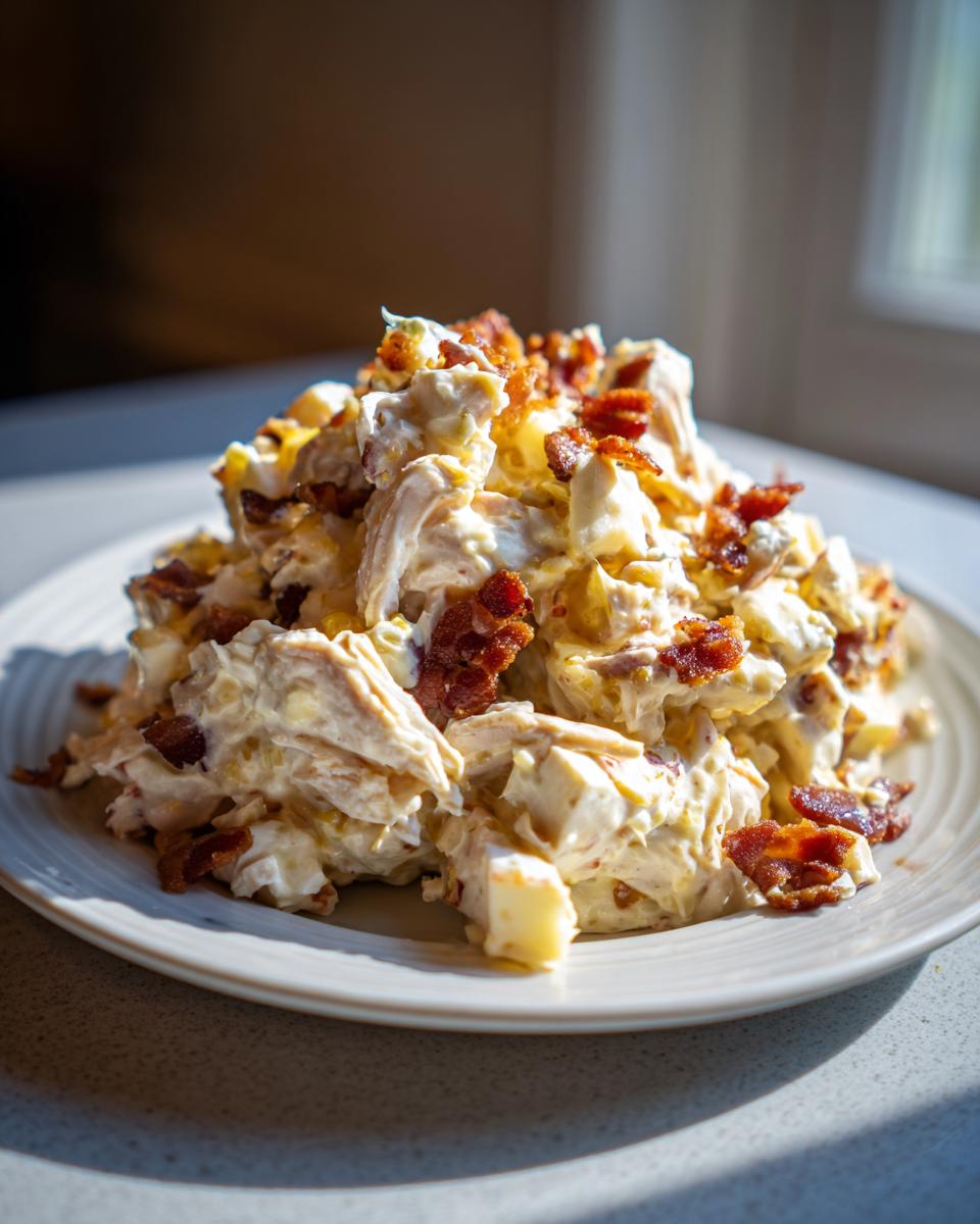 A mound of creamy honey mustard chicken salad topped generously with crispy bacon crumbles, served on a white plate.