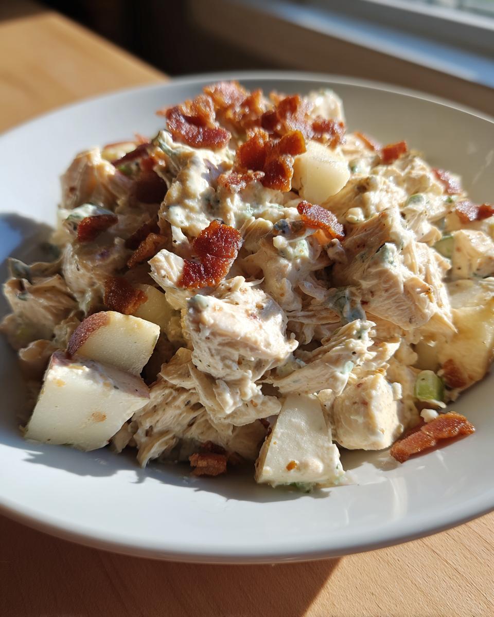 Close-up of a bowl of creamy honey mustard chicken salad topped with crispy bacon bits and chunks of apple.
