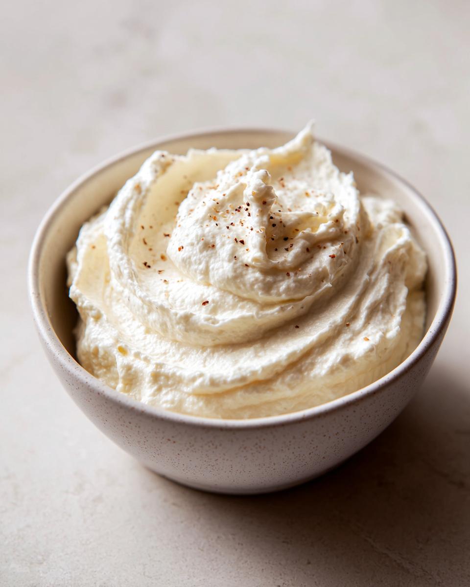 A small speckled bowl filled with fluffy, creamy horseradish sauce for prime rib, lightly sprinkled with pepper.