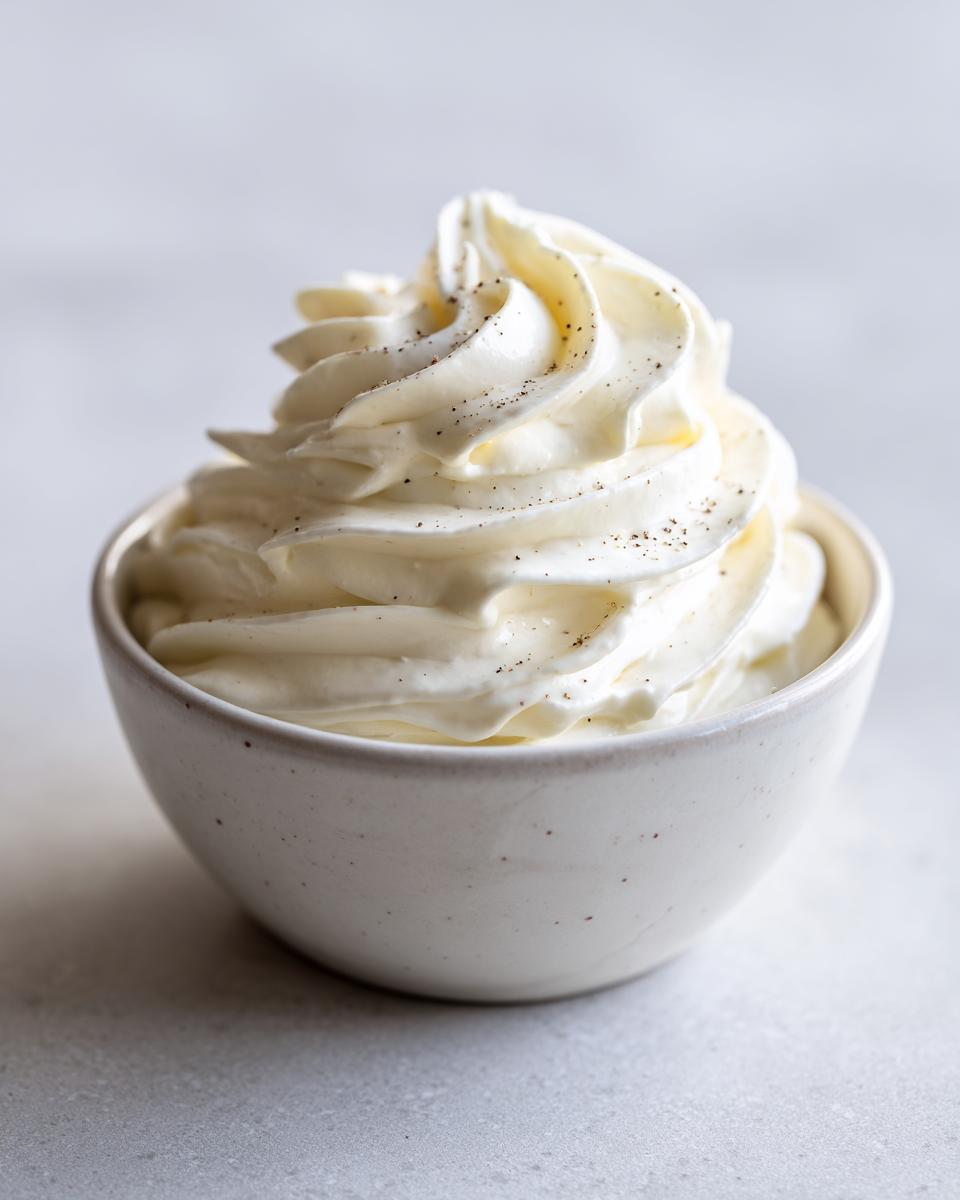 A swirl of creamy horseradish sauce for prime rib, topped with cracked black pepper, in a small white bowl.