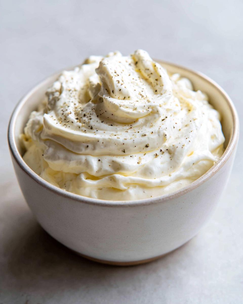 A small white bowl filled with thick, creamy horseradish sauce for prime rib, topped with cracked black pepper.