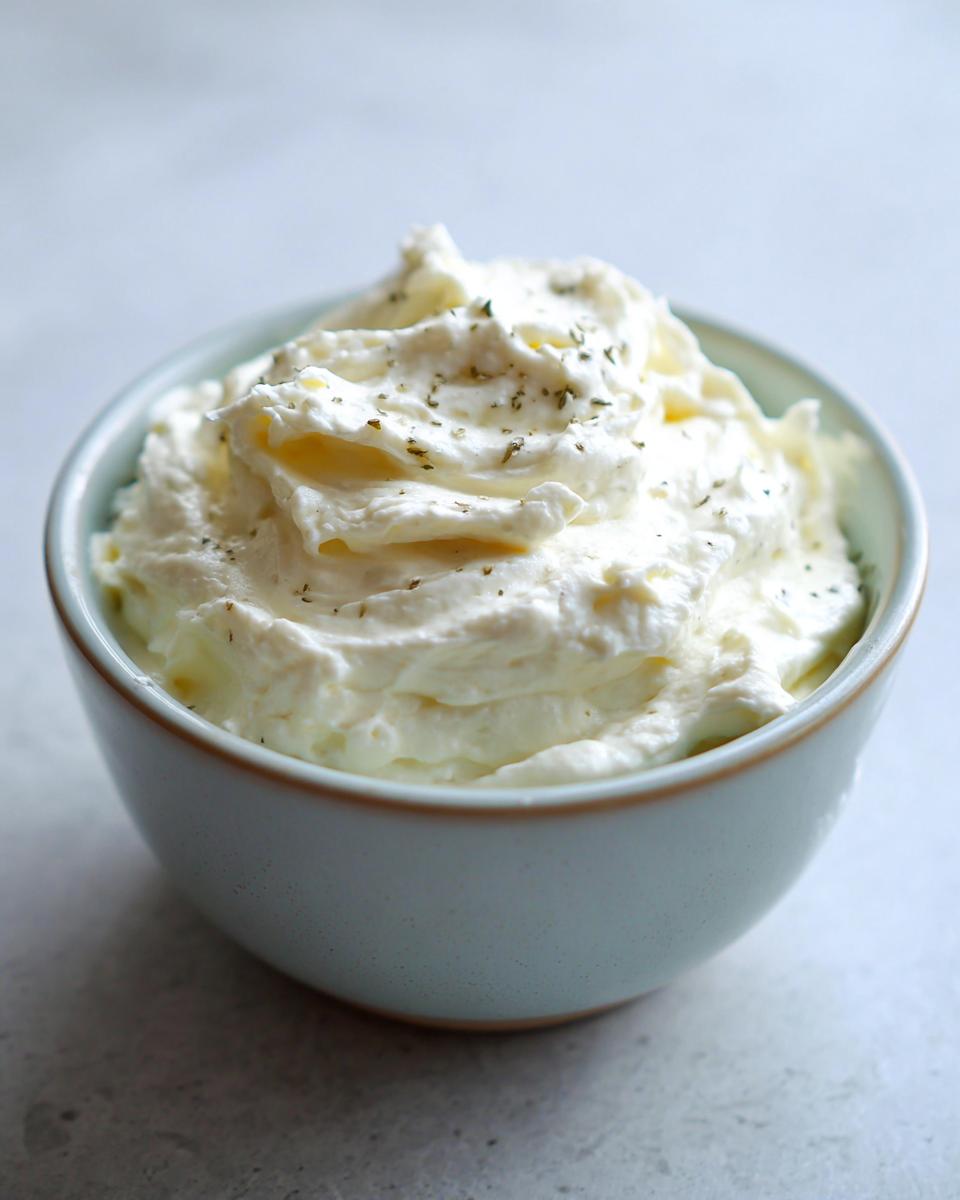 A close-up of thick, creamy horseradish sauce for prime rib, garnished with dried herbs, served in a light blue bowl.