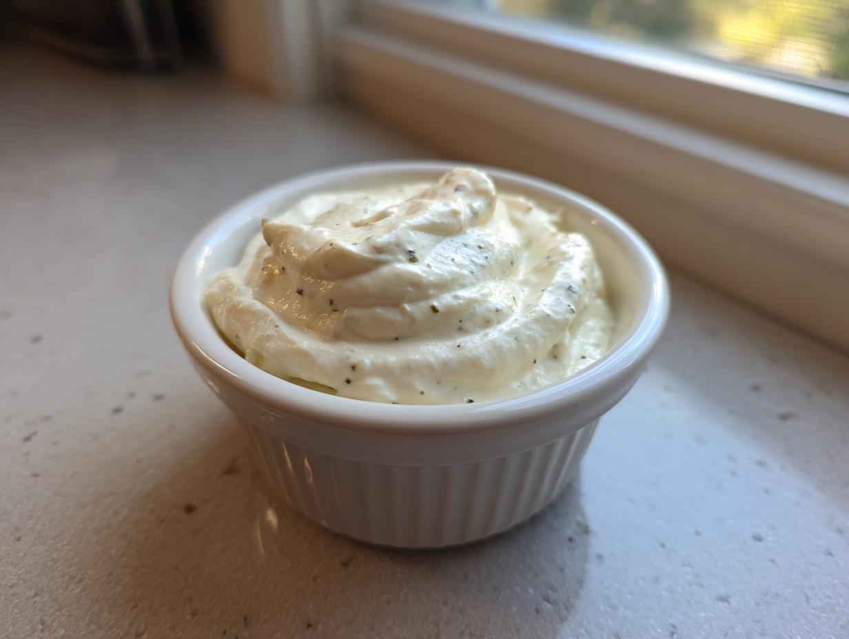 A small white ramekin filled with creamy horseradish sauce for prime rib, sitting on a light countertop.