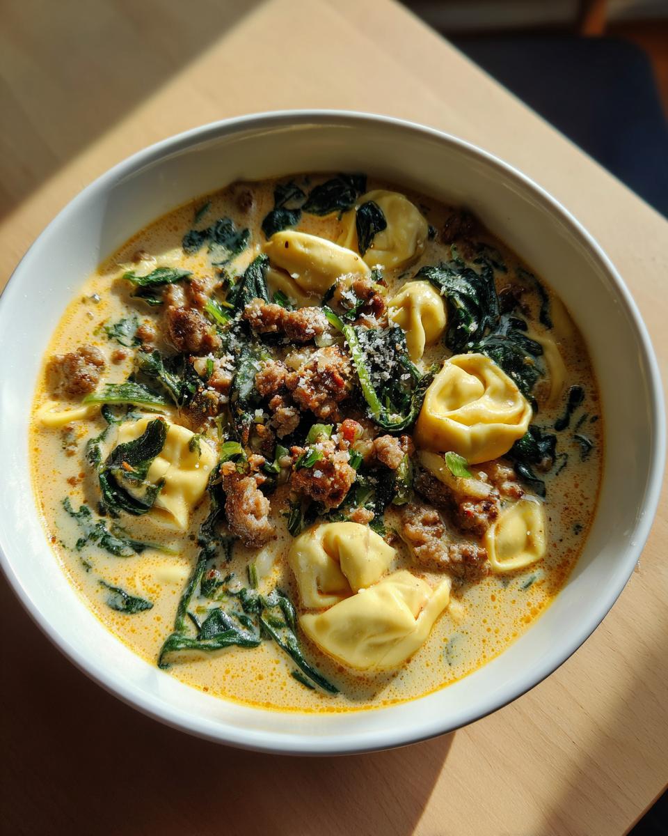 Close-up of a bowl of creamy italian sausage tortellini soup with wilted spinach and grated cheese.