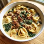 A close-up bowl of creamy italian sausage tortellini soup with wilted spinach and visible sausage crumbles.