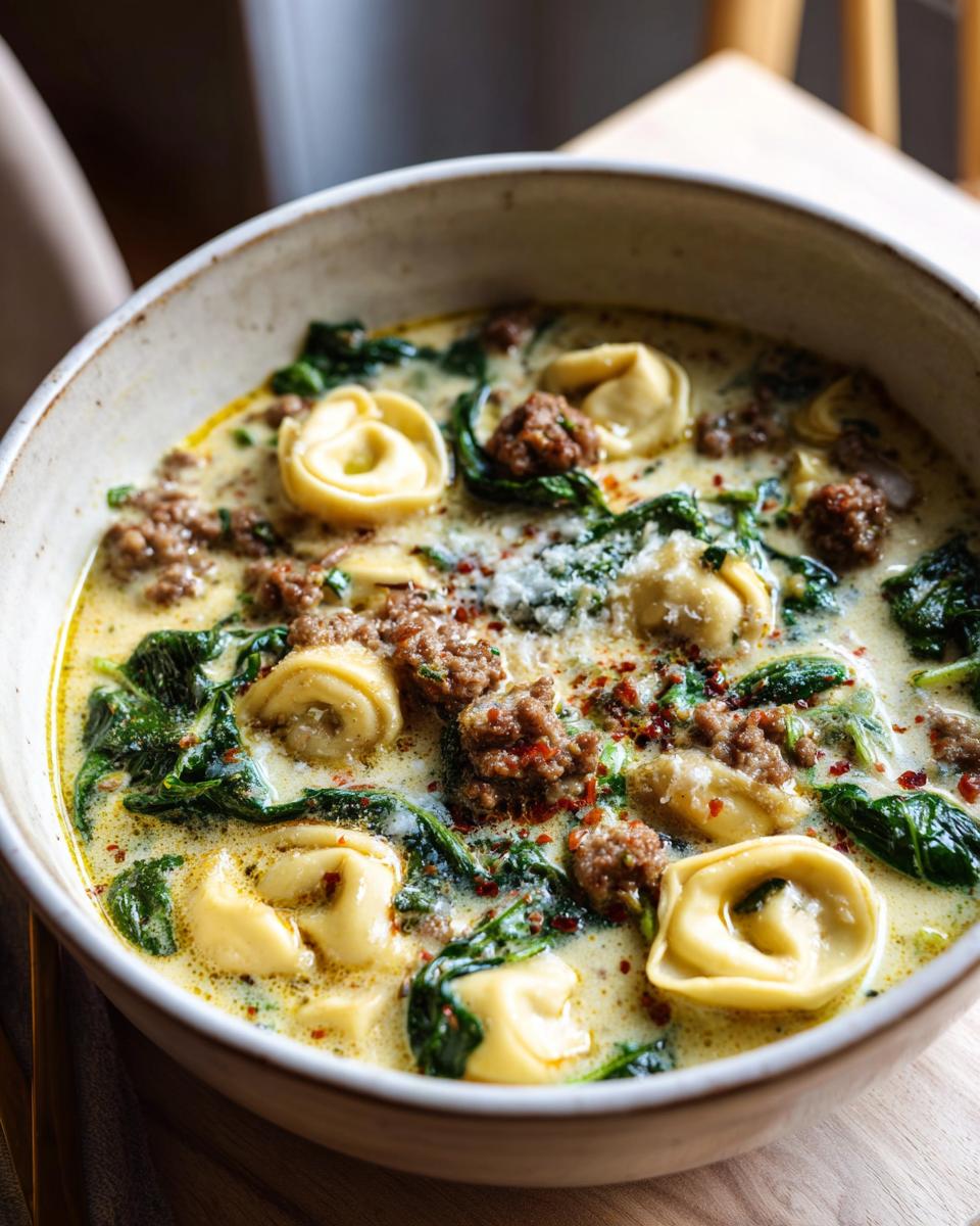 Close-up of a creamy italian sausage tortellini soup with spinach, topped with parmesan and red pepper flakes.