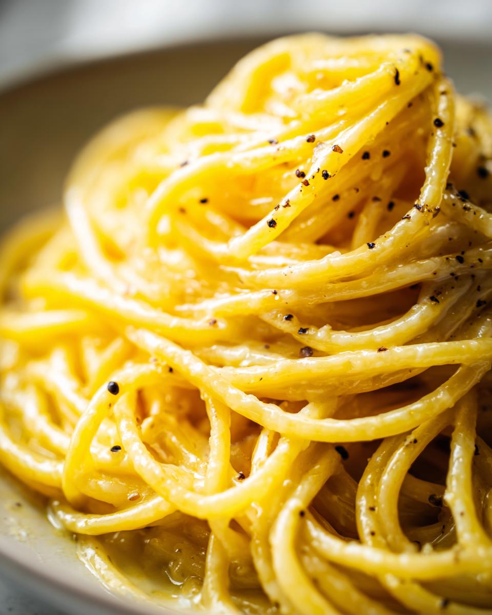 A close-up, macro shot of perfectly twirled creamy lemon pasta coated in a rich, yellow sauce and sprinkled with fresh black pepper.