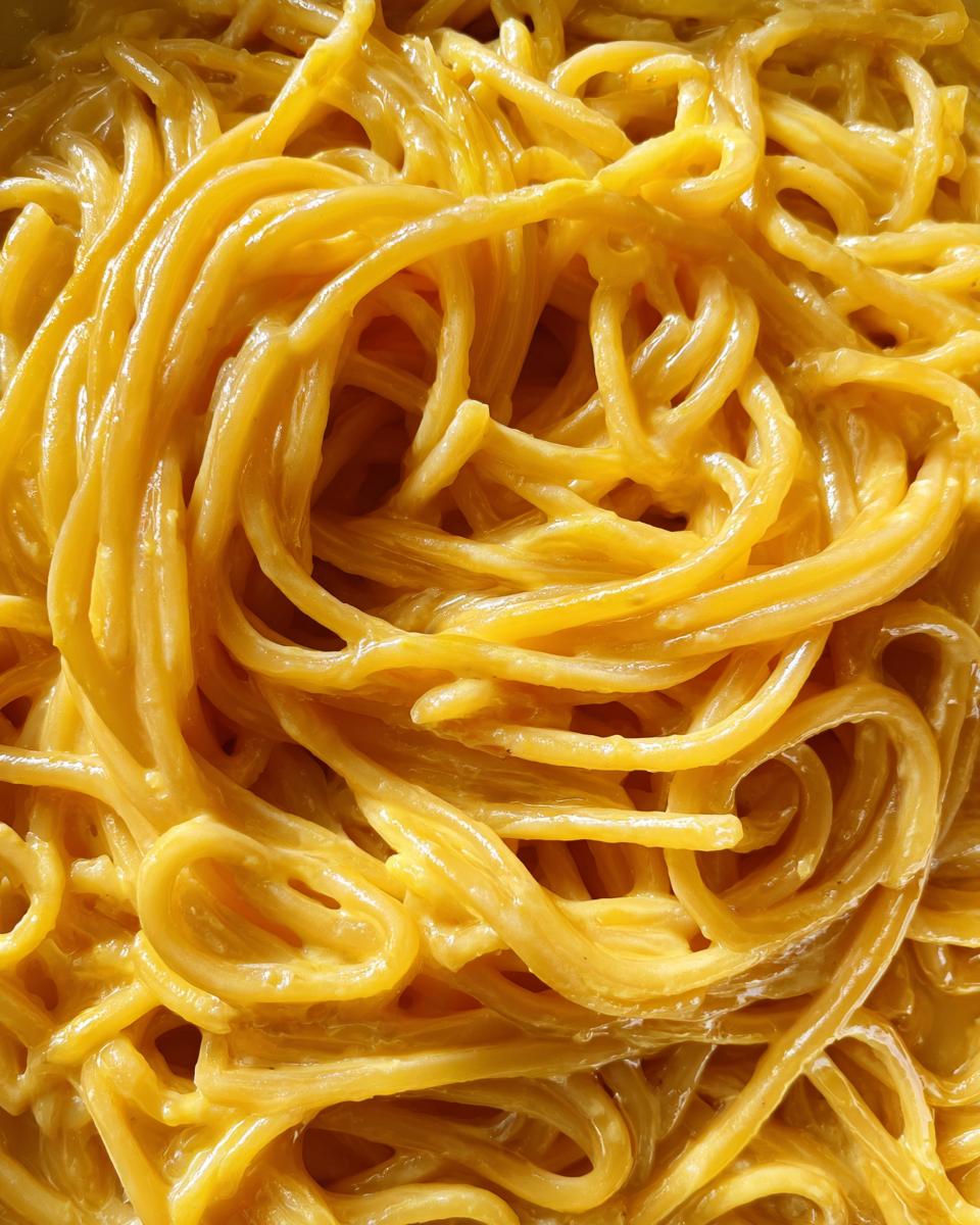 Extreme close-up of spaghetti noodles thoroughly coated in a rich, bright yellow creamy lemon pasta sauce.