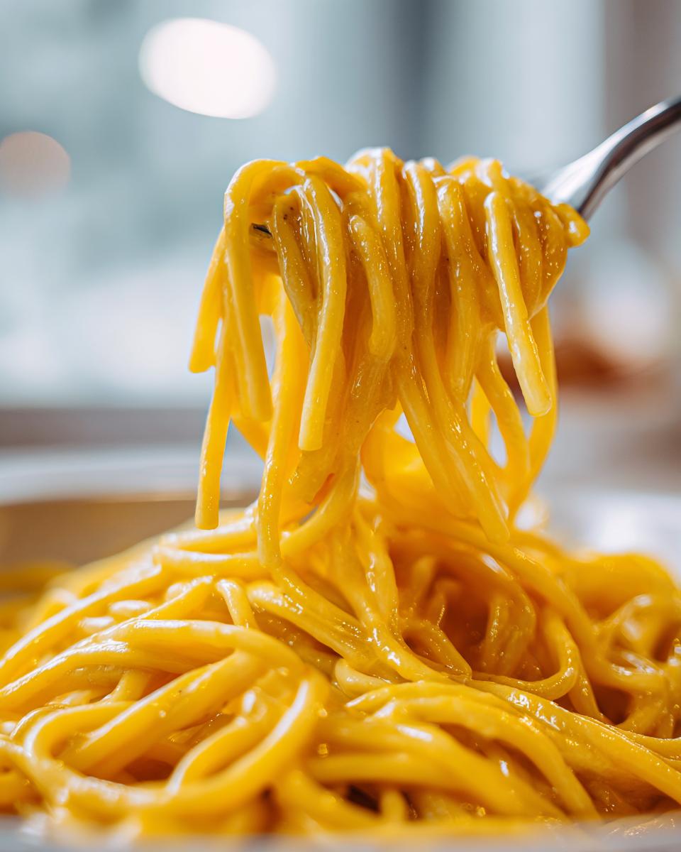 Close-up shot of spaghetti coated in rich, yellow creamy lemon pasta sauce being lifted by a fork.