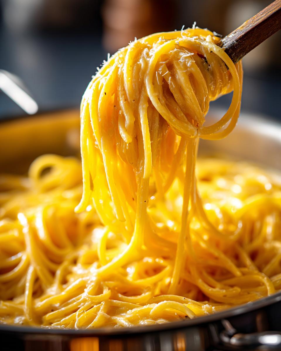 A wooden utensil lifts a generous tangle of spaghetti coated in rich, yellow creamy lemon pasta sauce.