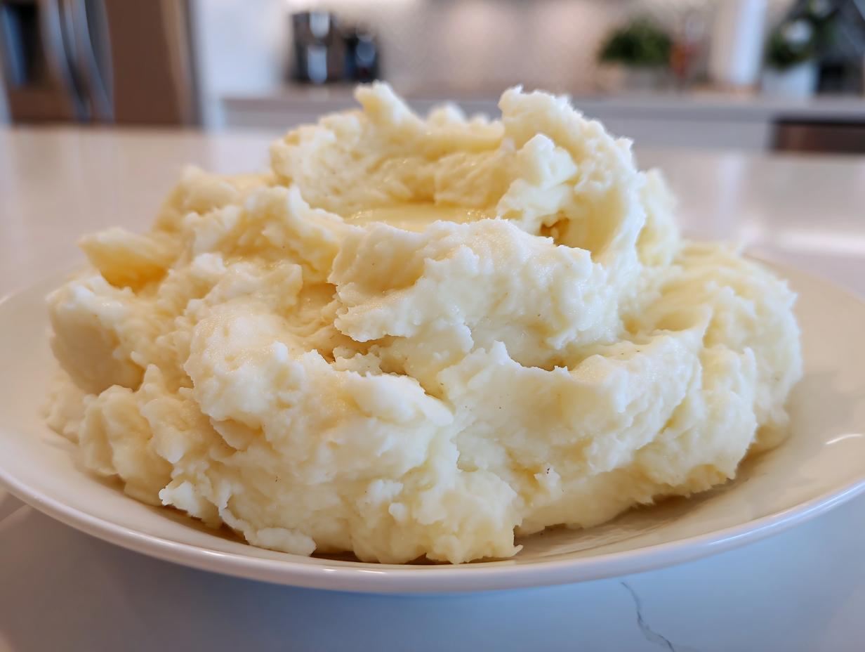 A generous serving of fluffy, homemade creamy mashed potatoes piled high on a white plate.