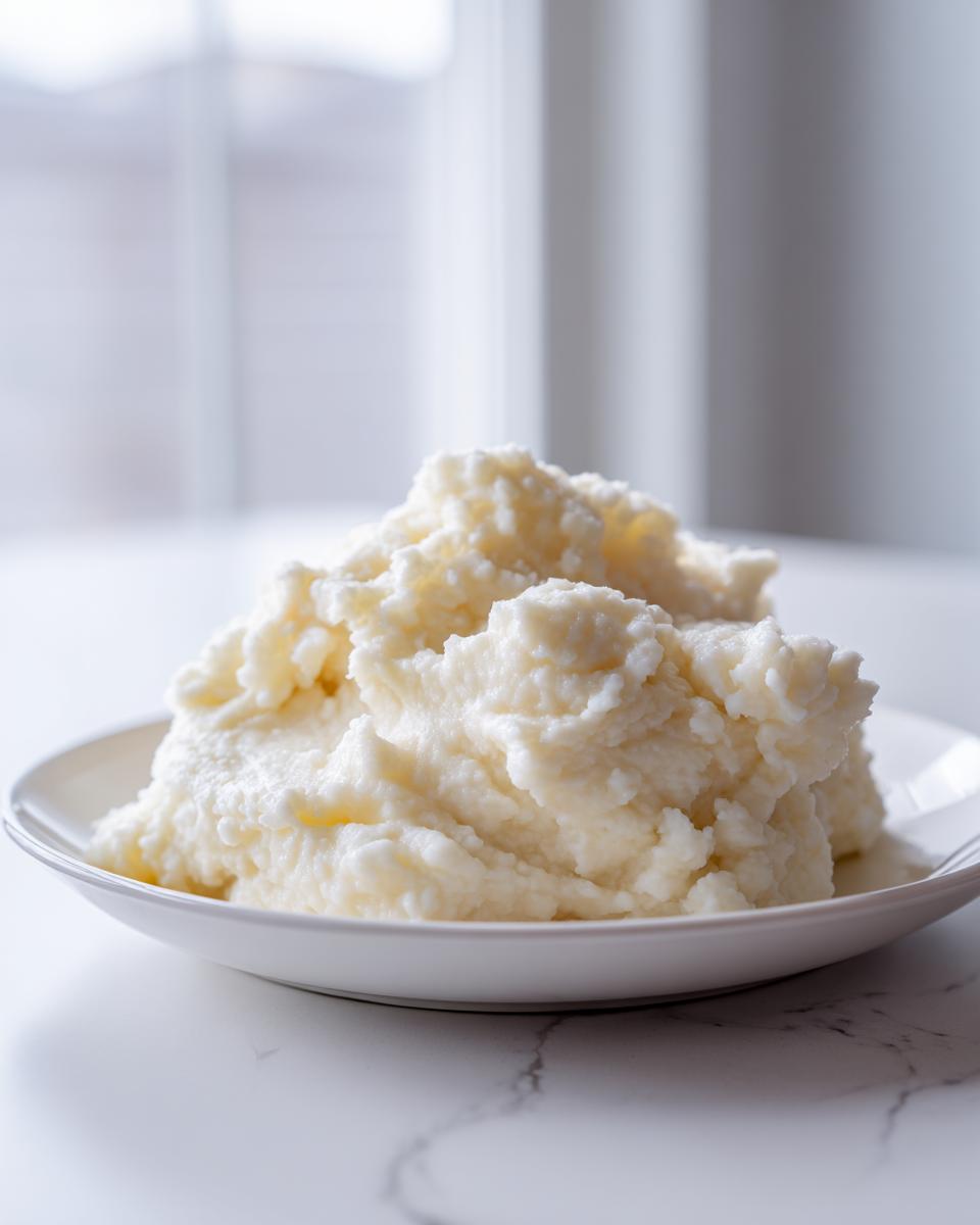 A generous serving of fluffy, white creamy mashed potatoes piled high on a white plate.
