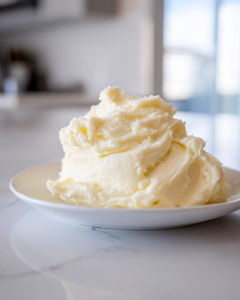 A generous mound of fluffy, pale yellow creamy mashed potatoes served on a small white plate.