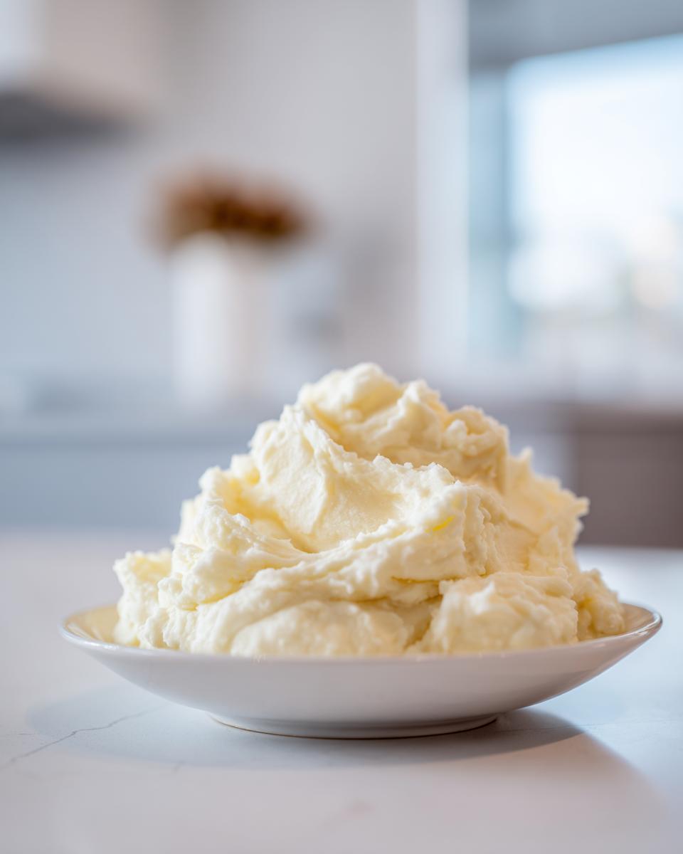 A large, fluffy mound of creamy mashed potatoes served in a white bowl on a light countertop.