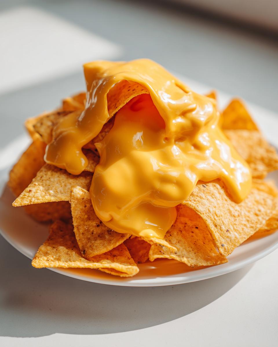 Close-up of tortilla chips generously covered with smooth, bright orange nacho cheese dip.