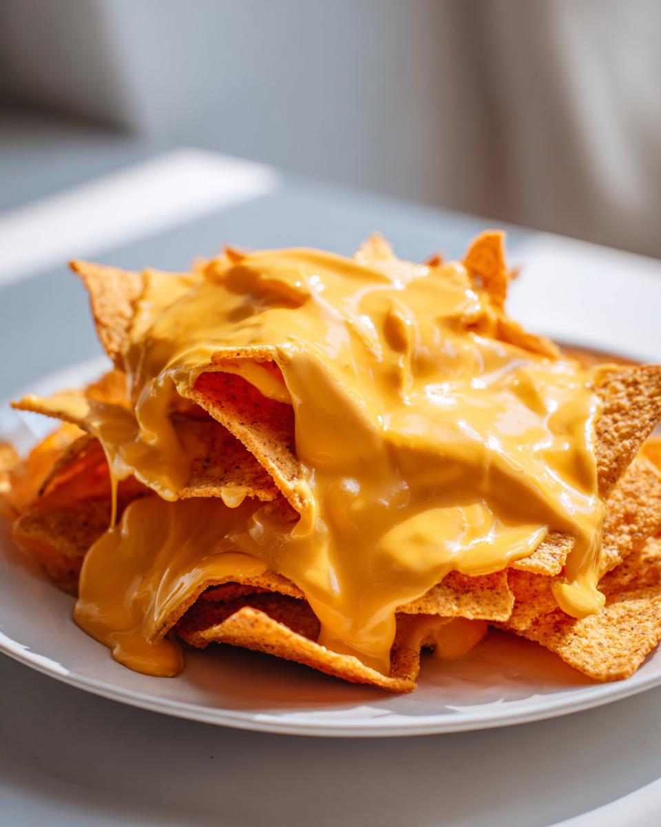 A close-up of tortilla chips smothered in thick, creamy nacho cheese sauce.