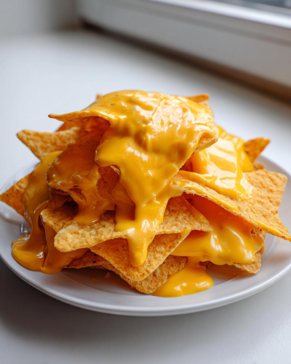 A pile of tortilla chips smothered in thick, creamy nacho cheese sauce, ready to eat.