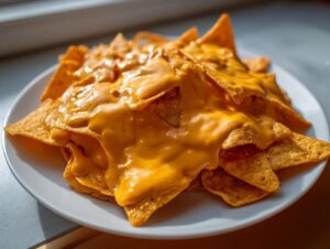 Close-up of tortilla chips smothered in creamy, bright orange nacho cheese sauce.