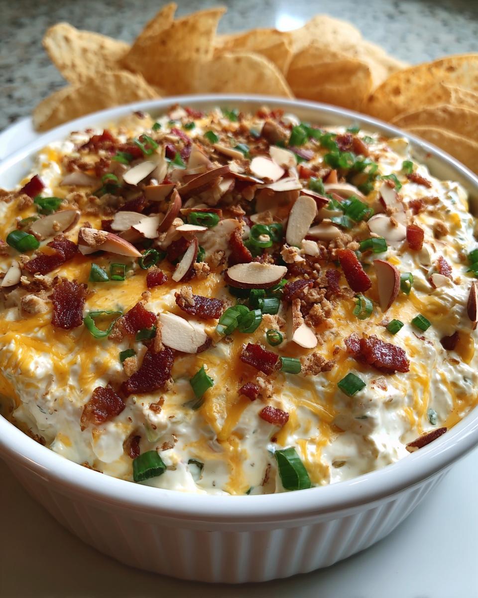 A white bowl filled with creamy Neiman Marcus Dip, topped with shredded cheese, bacon bits, sliced almonds, and green onions.