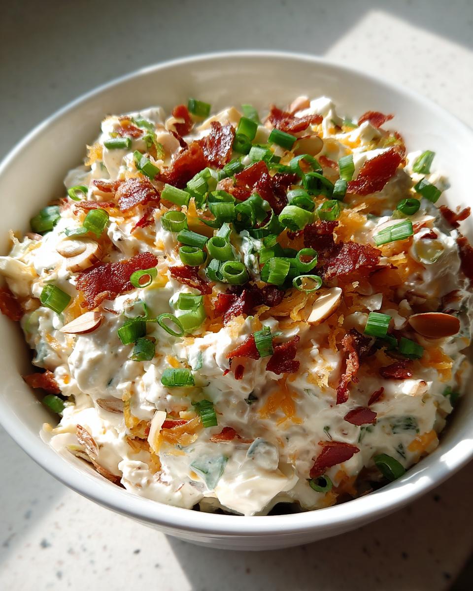 A close-up of the Neiman Marcus Dip, a creamy mixture topped generously with crumbled bacon, shredded cheddar, sliced almonds, and green onions.
