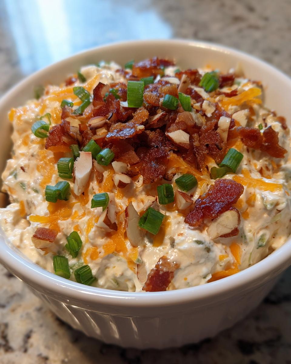 A creamy Neiman Marcus Dip topped generously with bacon bits, chopped almonds, shredded cheddar cheese, and green onions.