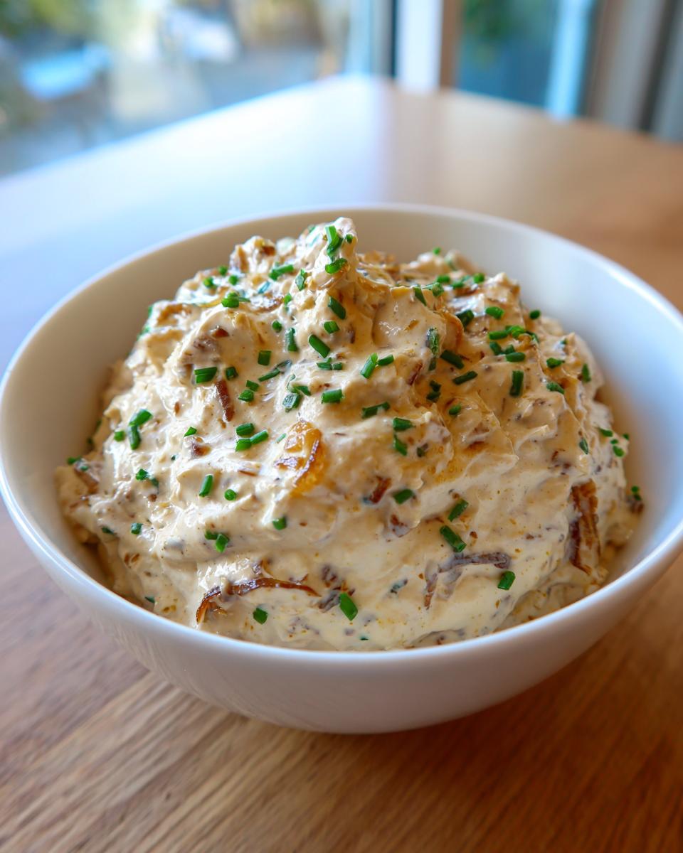 A close-up of rich, creamy onion dip topped with fresh chives, served in a white bowl.