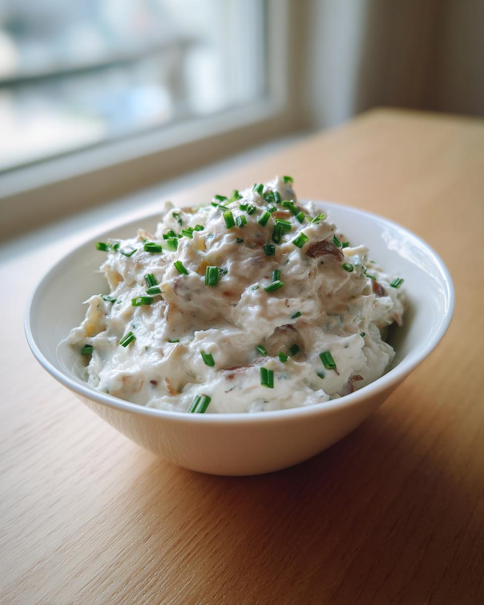 A white bowl filled with creamy onion dip, garnished generously with chopped fresh chives.