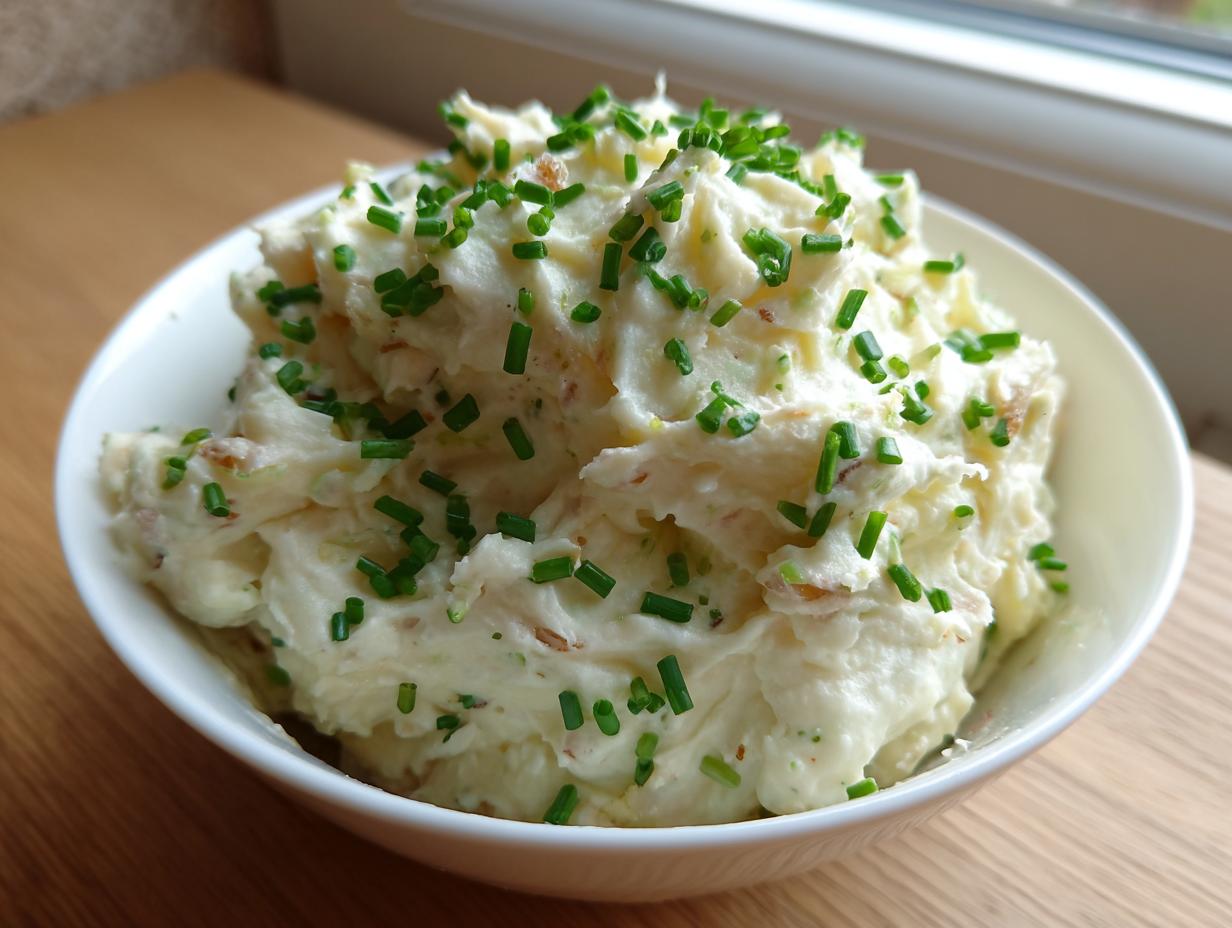 A white bowl filled with thick, creamy onion dip, generously garnished with chopped green chives.