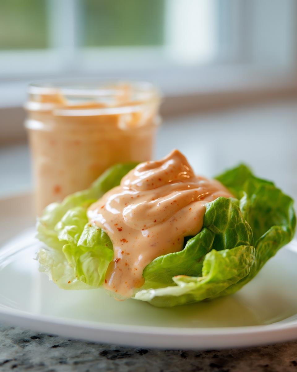 A dollop of creamy orange salad dressing sits atop a crisp lettuce cup, with a jar of the salad dressing blurred in the background.