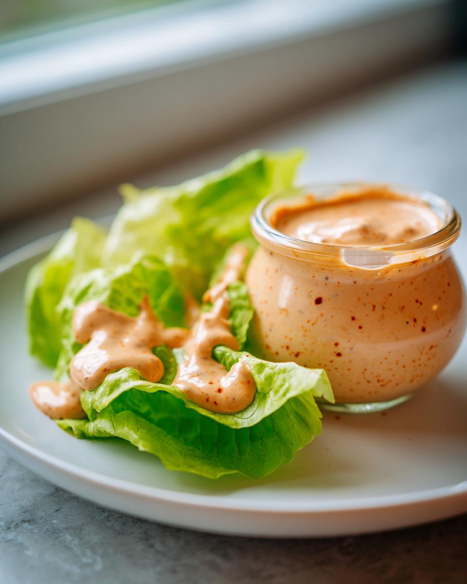 A jar of creamy, orange-hued salad dressing next to lettuce leaves drizzled with the same salad dressing.