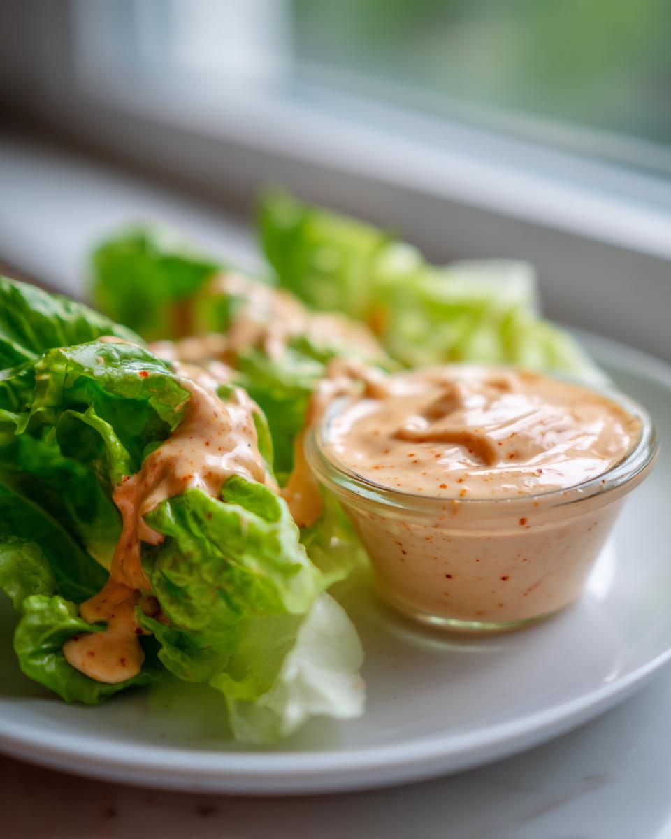 Close-up of creamy, orange-colored salad dressing drizzled over crisp lettuce leaves, with a small bowl of the salad dressing beside it.