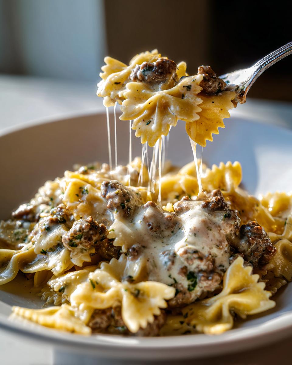 A fork lifts bowtie pasta coated in creamy parmesan garlic sauce and beef, showing long cheese pulls.