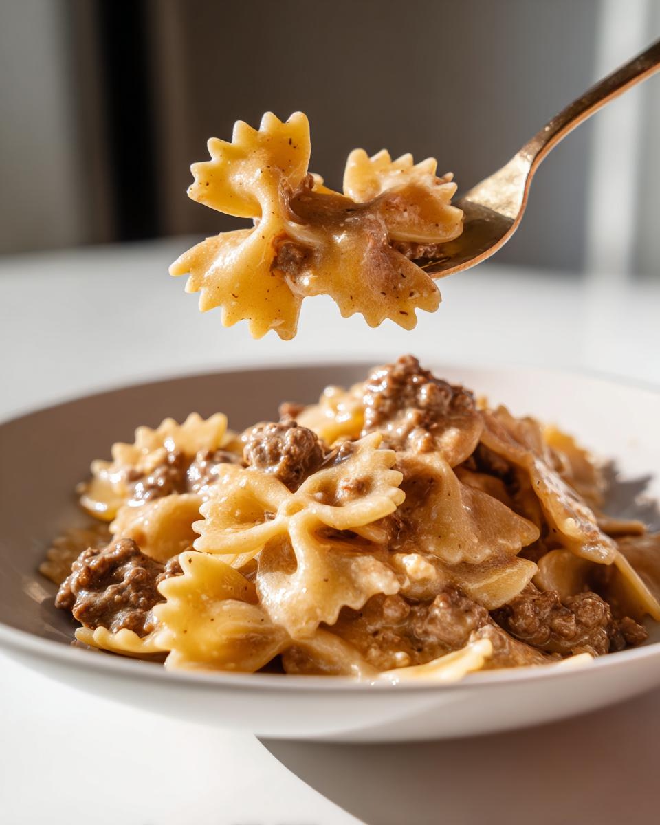 A fork lifts a piece of creamy parmesan garlic beef bowtie pasta coated in a rich sauce.