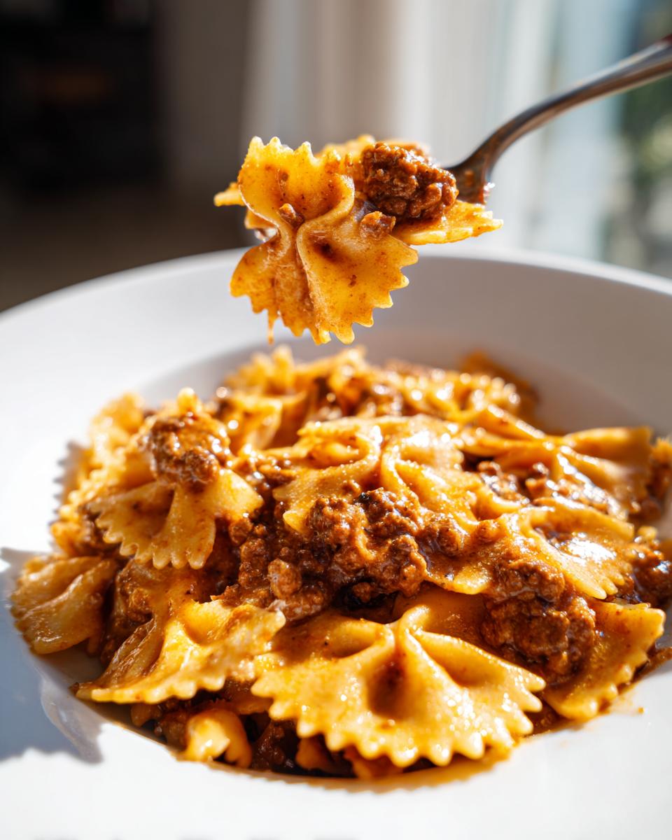 A fork lifts a piece of bowtie pasta coated in rich sauce and ground beef from a bowl of creamy parmesan garlic beef bowtie pasta.