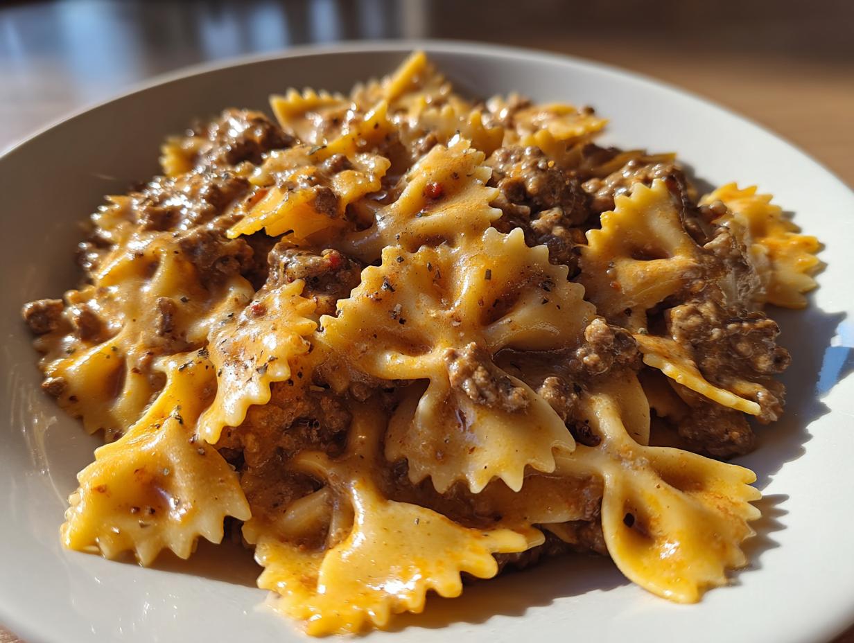 A close-up of creamy parmesan garlic beef bowtie pasta coated in a rich, savory sauce and sprinkled with herbs.