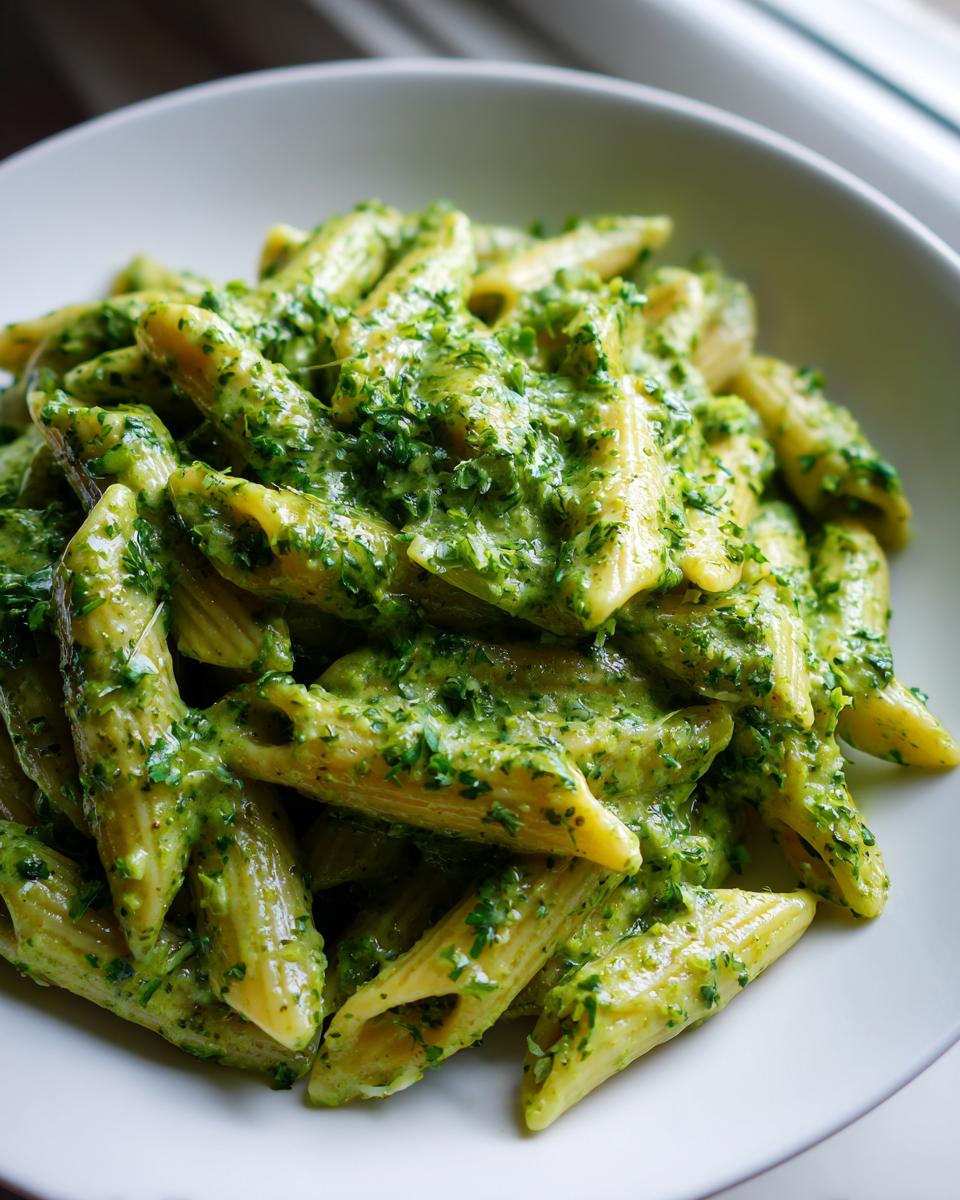 A close-up view of penne pasta coated generously in vibrant green, creamy pesto pasta sauce.