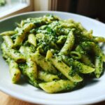A close-up of penne pasta coated generously in vibrant green creamy pesto pasta, topped with grated cheese.