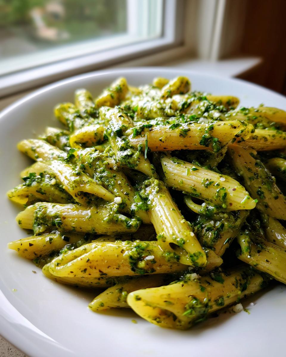 A close-up shot of penne pasta coated generously in vibrant green creamy pesto pasta sauce, served in a white bowl.