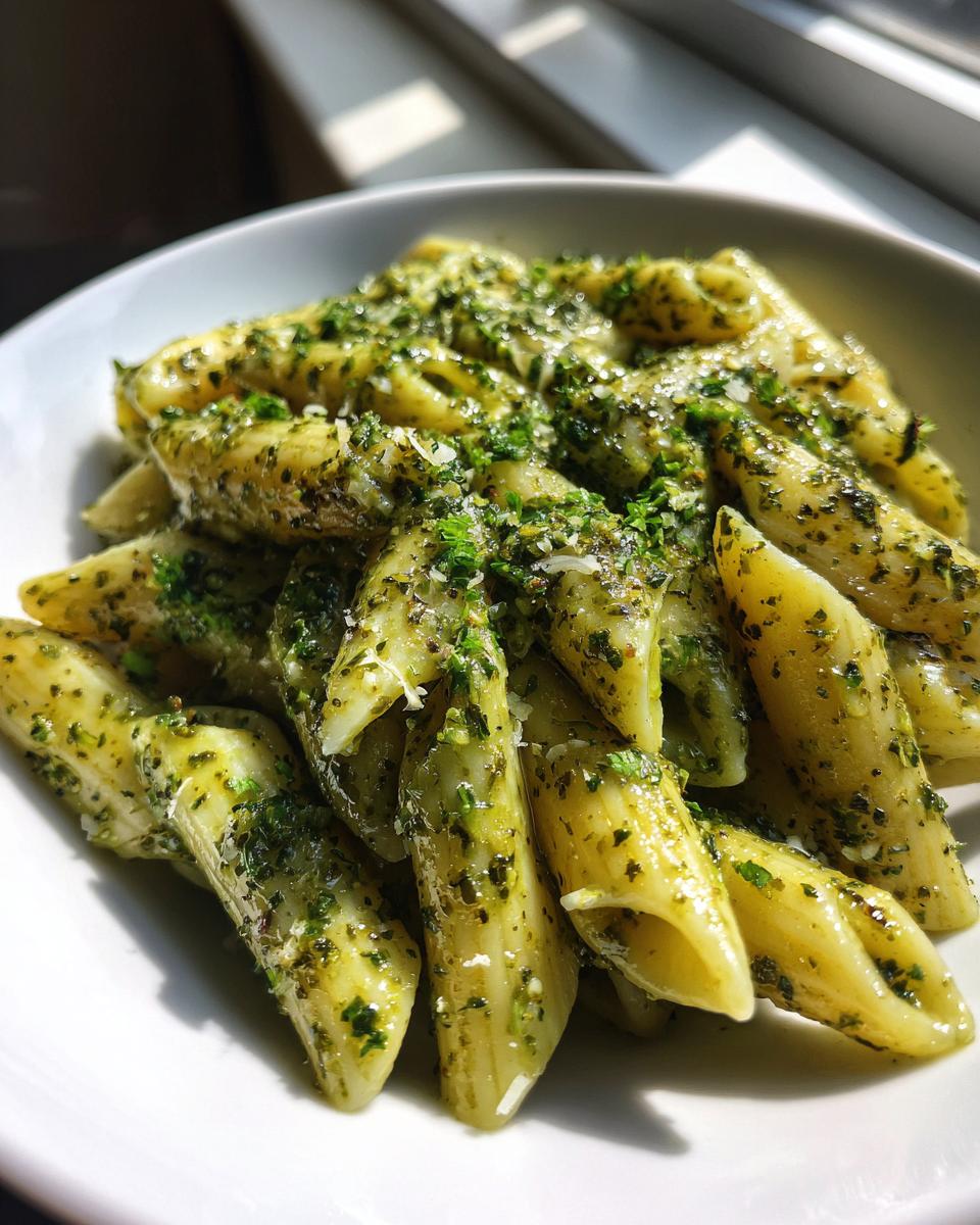Close-up of penne pasta coated in vibrant green creamy pesto pasta sauce, topped with grated cheese.