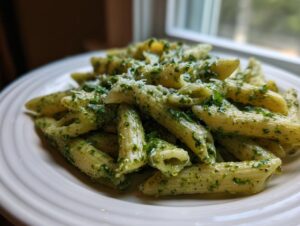 A close-up shot of penne pasta coated in rich, creamy pesto pasta sauce and topped with grated Parmesan.