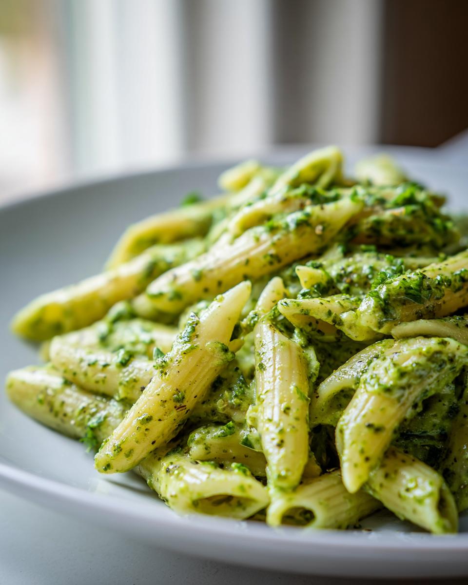 A close-up view of penne pasta tossed generously in vibrant green creamy pesto pasta sauce, served on a white plate.