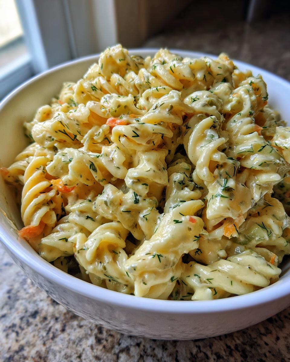 Close-up of creamy pickle pasta salad made with rotini pasta, dill, and visible pickle pieces in a white bowl.