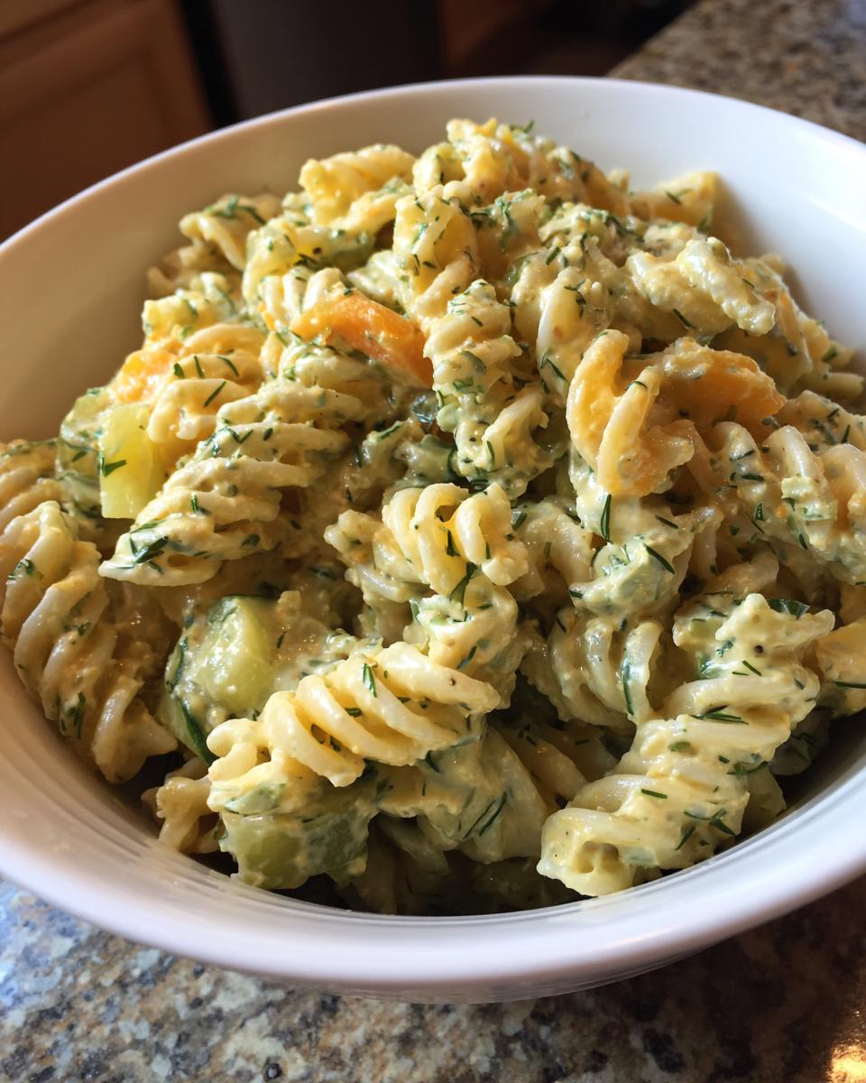 Close-up of creamy pickle pasta salad made with rotini pasta, pickles, and fresh dill, served in a white bowl.