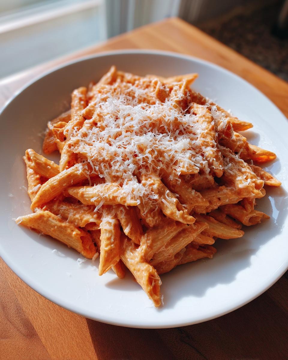 A close-up of penne pasta coated in creamy pink sauce pasta, topped generously with grated Parmesan cheese.
