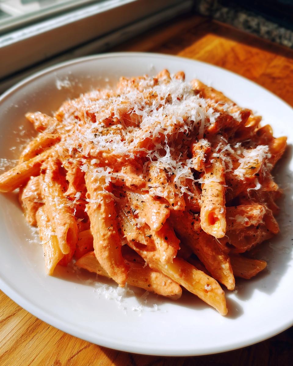A close-up shot of penne pasta coated in creamy pink sauce pasta, topped with grated Parmesan cheese.