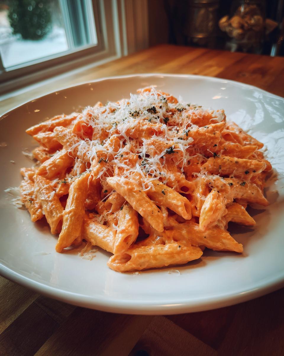 A bowl of creamy pink sauce pasta featuring penne noodles generously topped with grated Parmesan cheese and herbs.