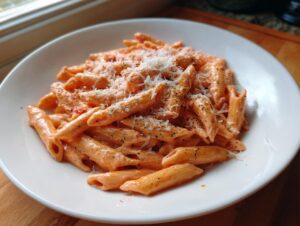 A close-up view of penne pasta coated in creamy pink sauce pasta, topped with grated cheese and herbs.