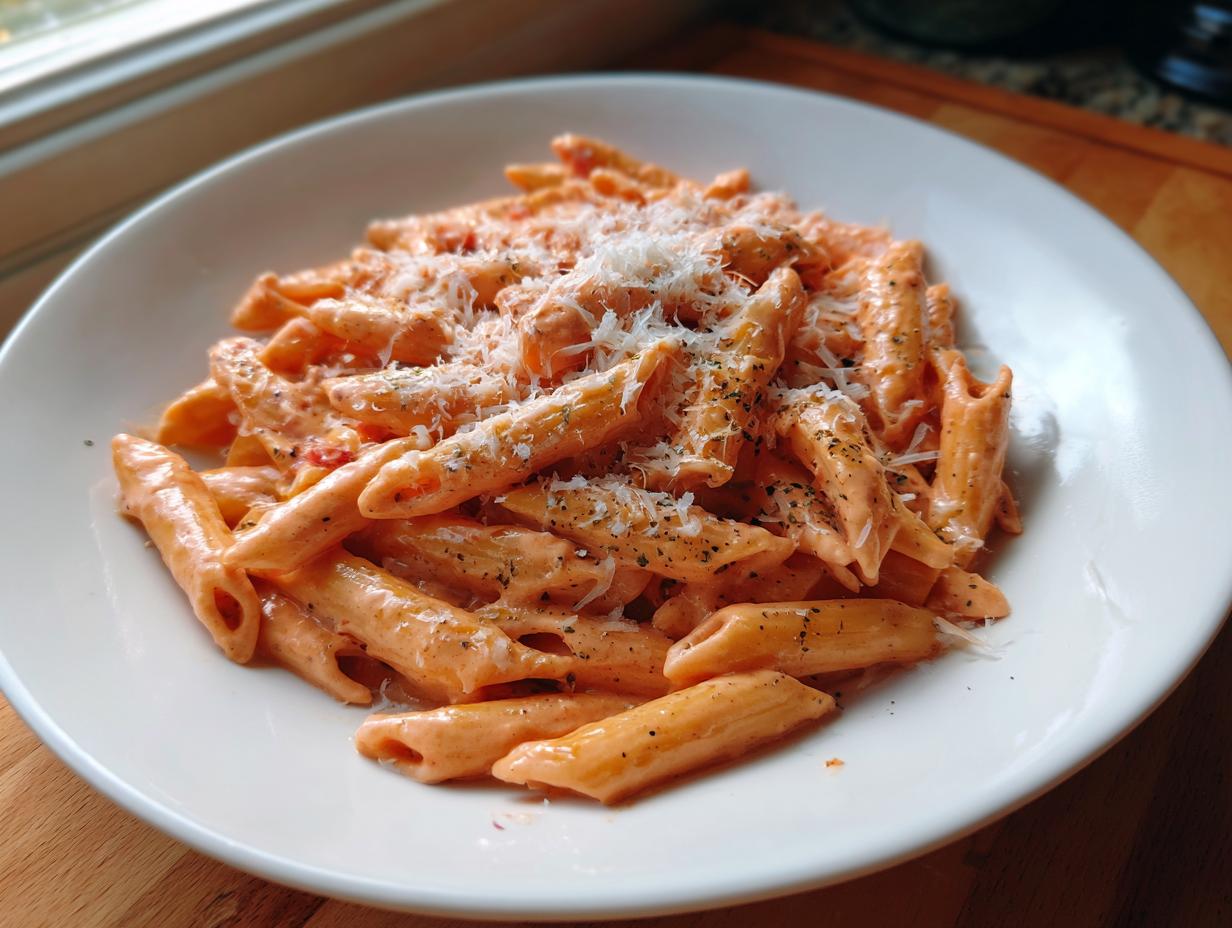 A close-up view of penne pasta coated in creamy pink sauce pasta, topped with grated cheese and herbs.